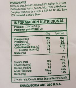 Etiqueta de envases de harinas de Chile