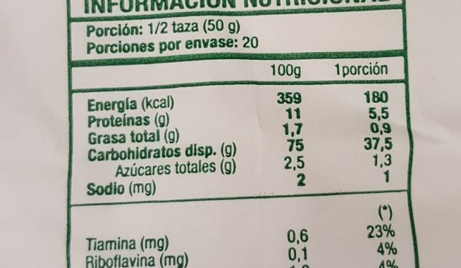 Etiqueta de envases de harinas de Chile